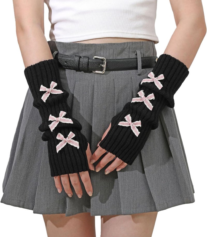 Lauthen.S Y2K Arm Warmers Cute Long Sleeve Fingerless Gloves Knitted Harajuke Style Arm Sleeves Kawaii with Bownot - Image 1